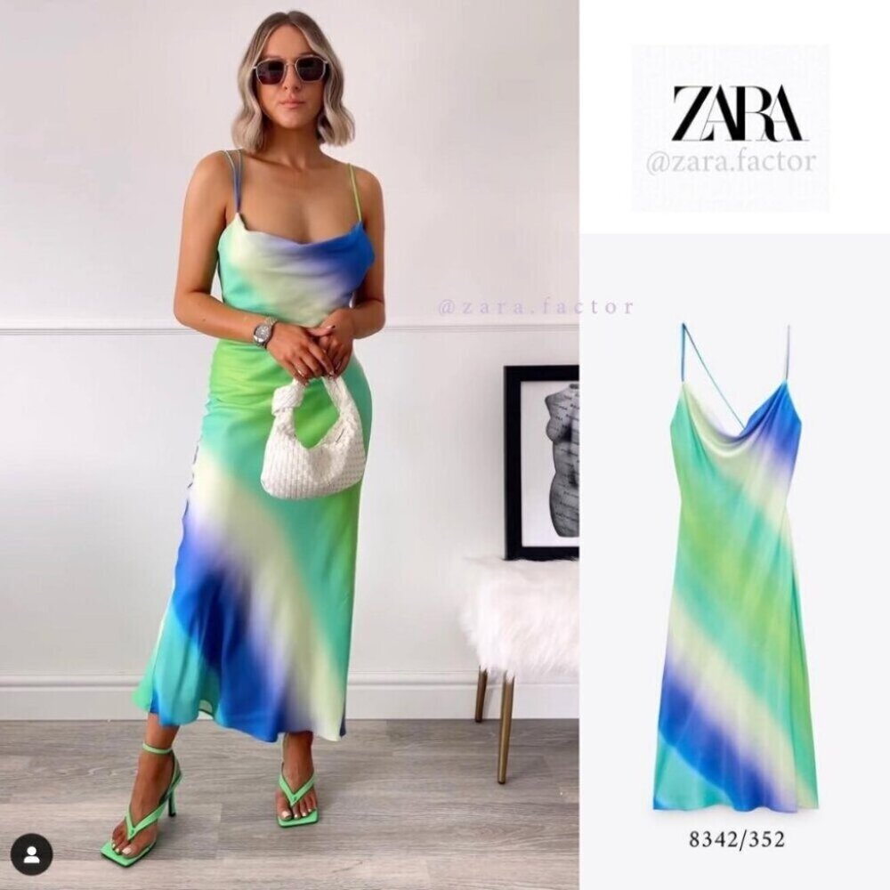 Zara Multicolored Tie Dye Satin Effect Cross Back Midi Dress Blue Green Ombre XS